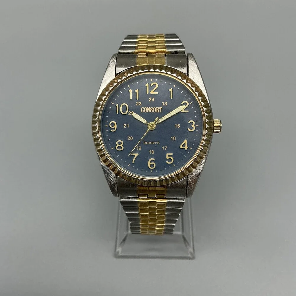 Consort Mens Watch 35mm Black Dial Two Tone Fluted Bezel Stretch New Battery
